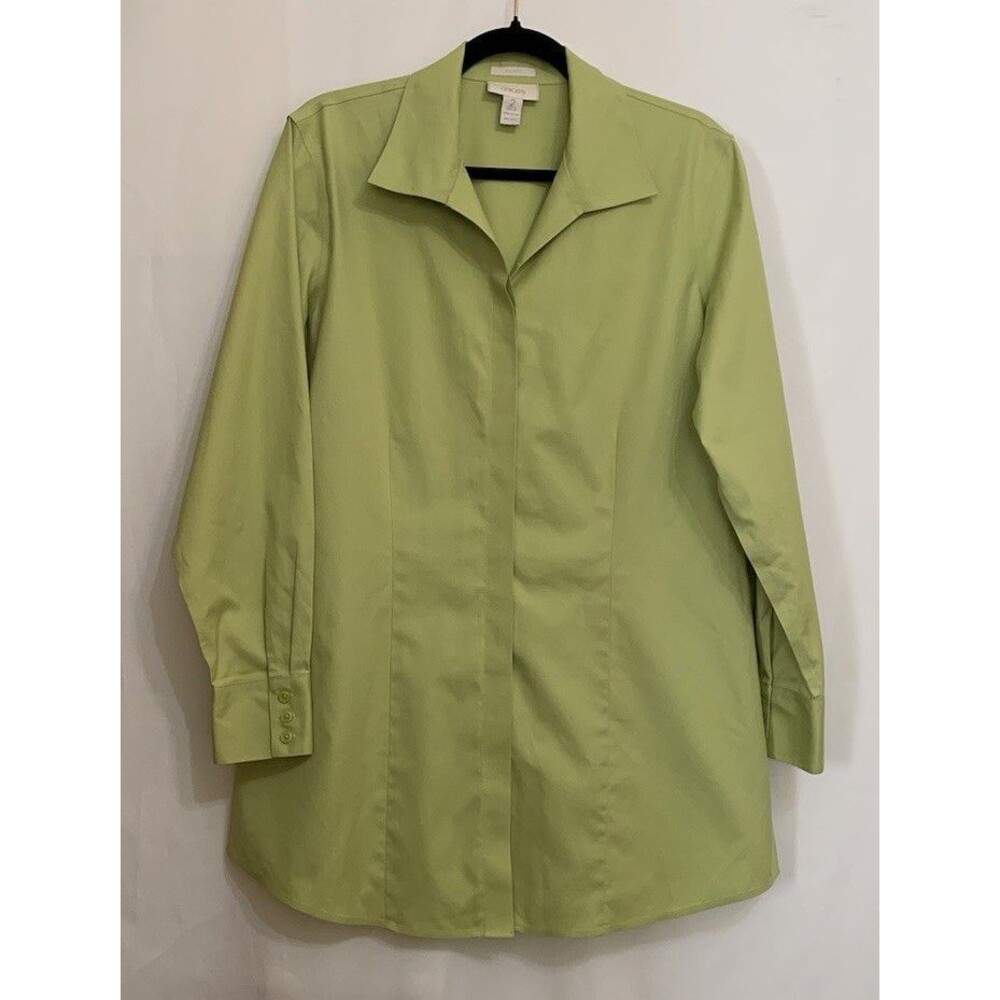 Chicos Size 2 Womens Large Top No Iron Green Tunic Length Hidden Button Front